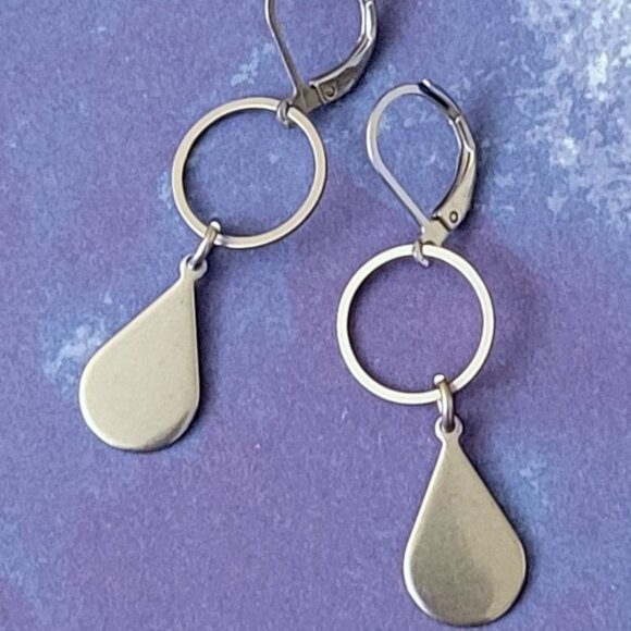 TEARDROP Circle Stainless Steel Lever Back Earrings Minimalist - Picture 8 of 14